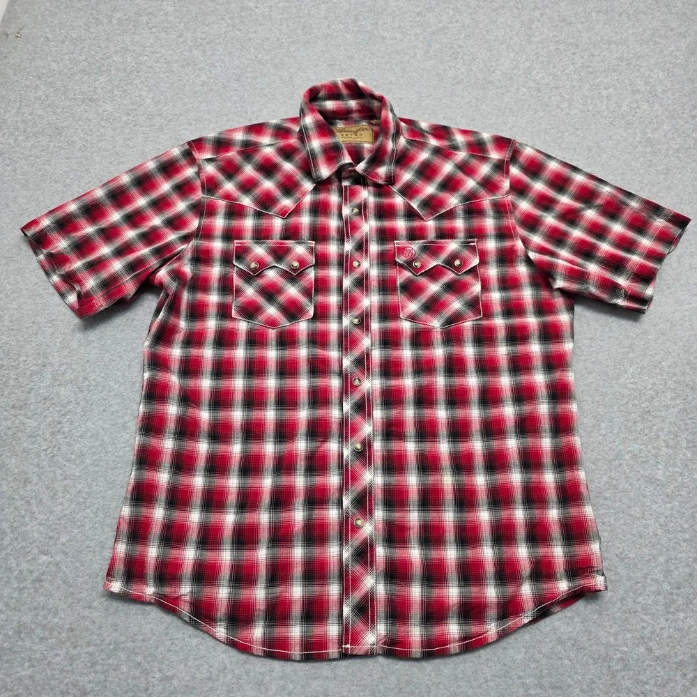 Wrangler Retro Western Red Plaid Snap‎ Button Short Sleeve Shirt Men's Large - Picture 2 of 11
